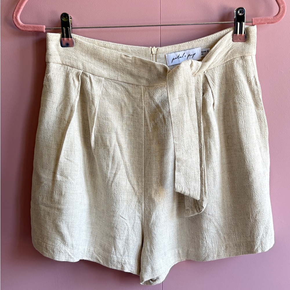 Petal & Pup Cream High-Waist Tie Belt Linen-Blend Shorts